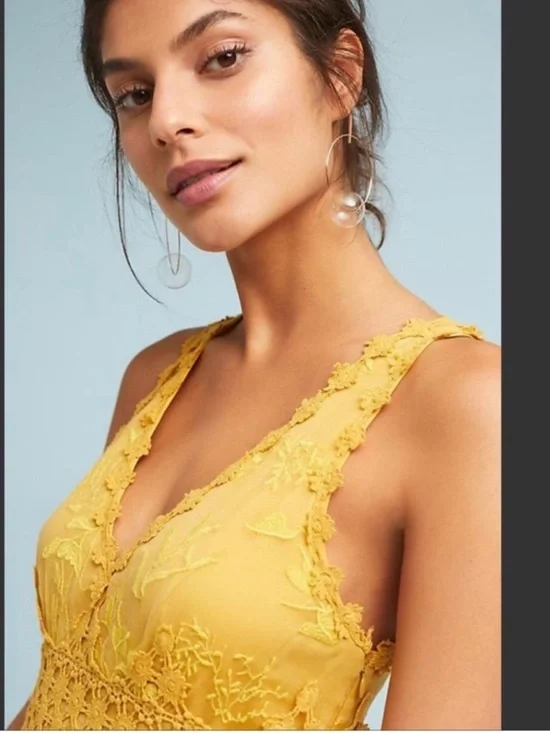 Anthropologie Ranna Gill Veronica Yellow Crochet Lace Floral Dress Size S - Picture 13 of 14